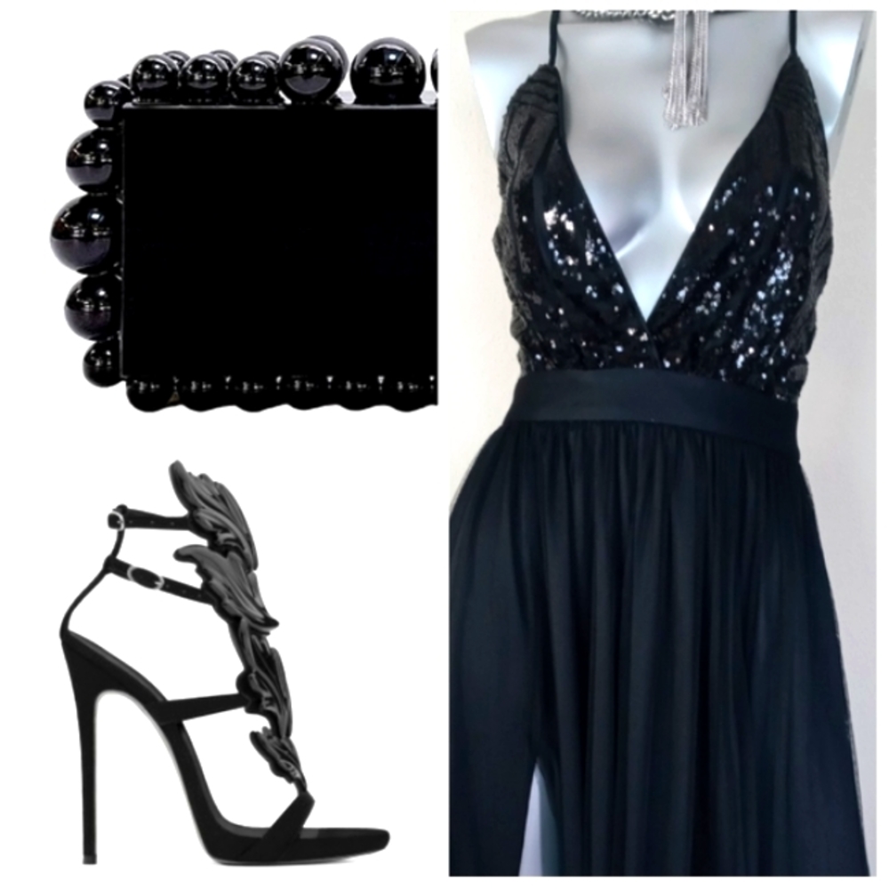 Black Sophisticated Cocktail Party Grunge Fairy Core Sequin Top Maxi Dress - Picture 3 of 16